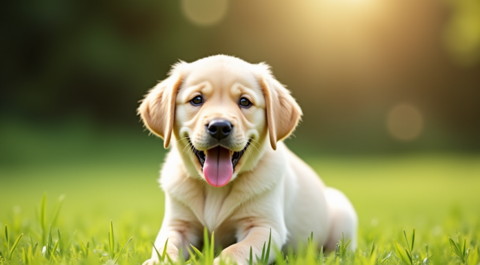 Chiot labrador jaune sur pelouse verte en plein jour