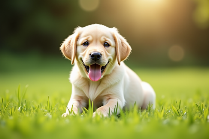 Chiot labrador jaune sur pelouse verte en plein jour