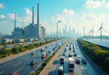 Paysage urbain avec trafic et eoliennes pour l article