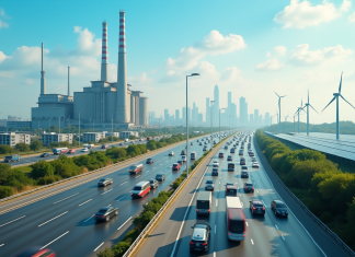 Paysage urbain avec trafic et eoliennes pour l article