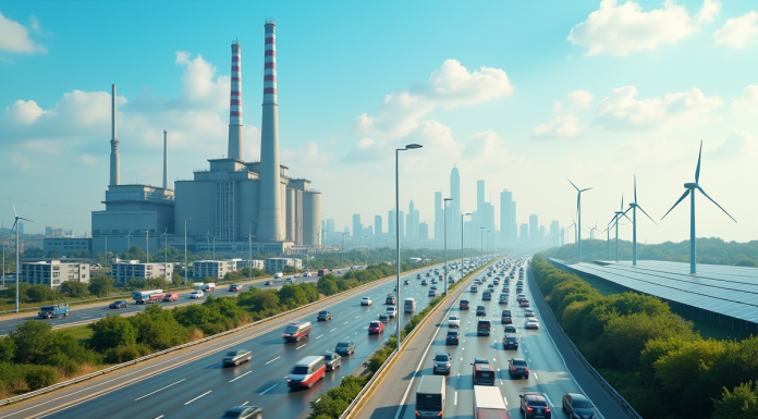 Paysage urbain avec trafic et eoliennes pour l article