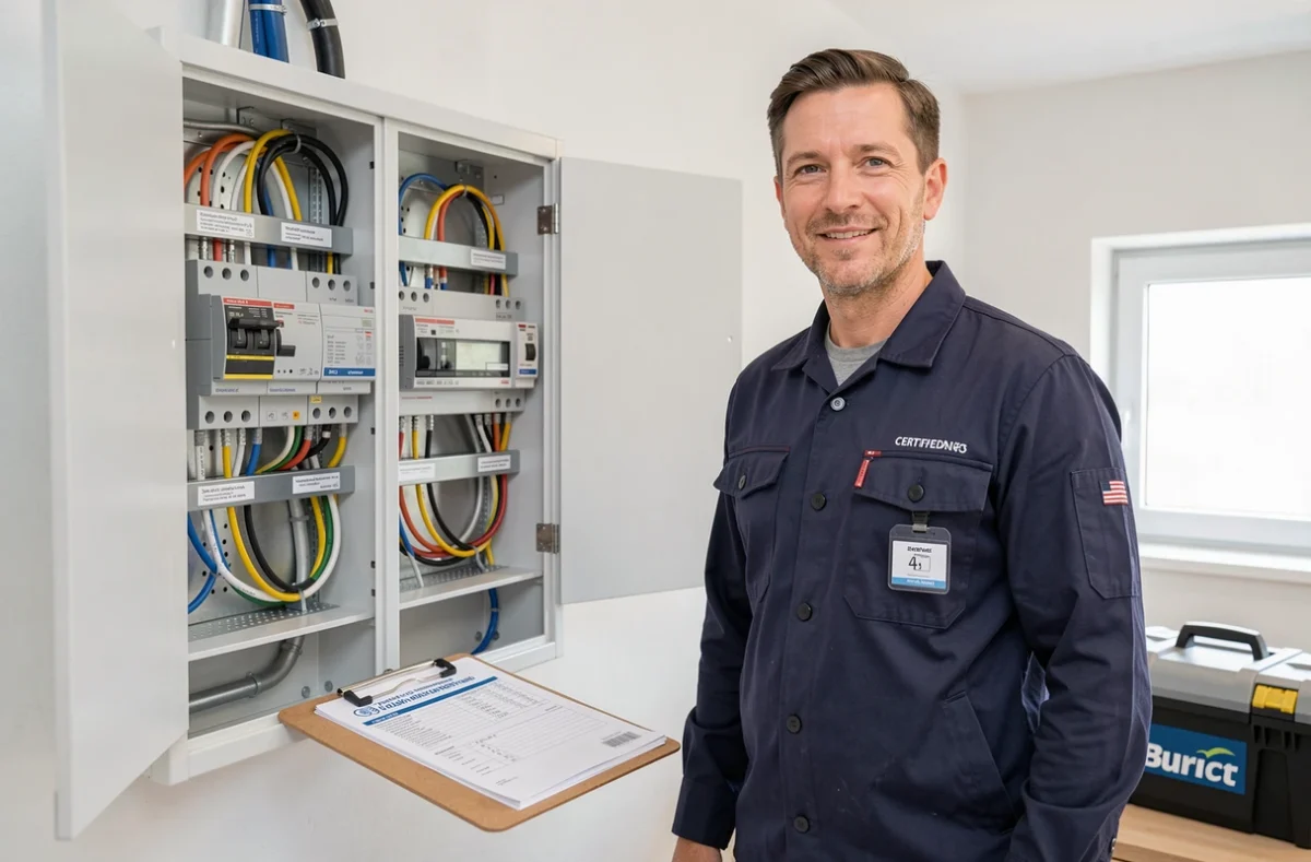 Électricien certifié de Cl-elec devant un tableau électrique résidentiel propre et conforme dans une maison moderne