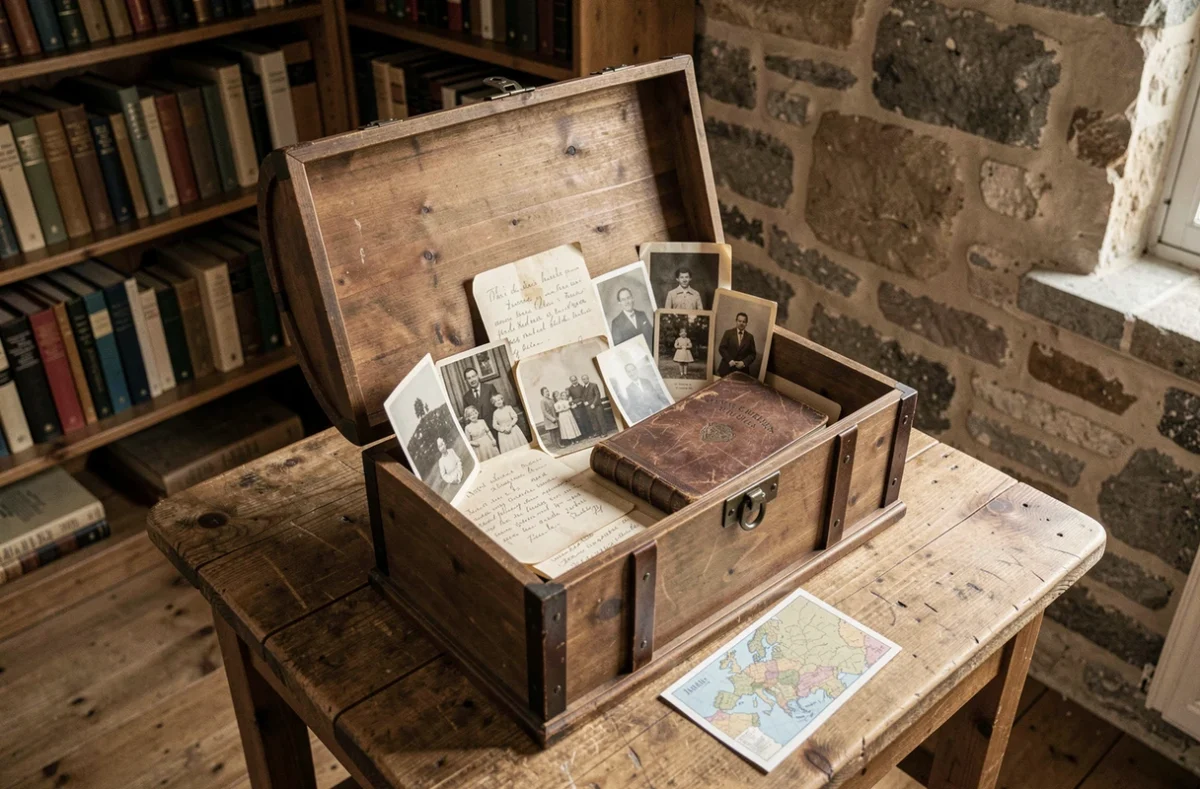 Coffre vintage ouvert contenant des lettres, cartes et photos de famille en noir et blanc évoquant la recherche des origines