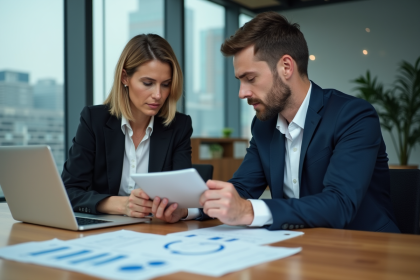 Deux collègues en réunion d'affaires dans un bureau moderne