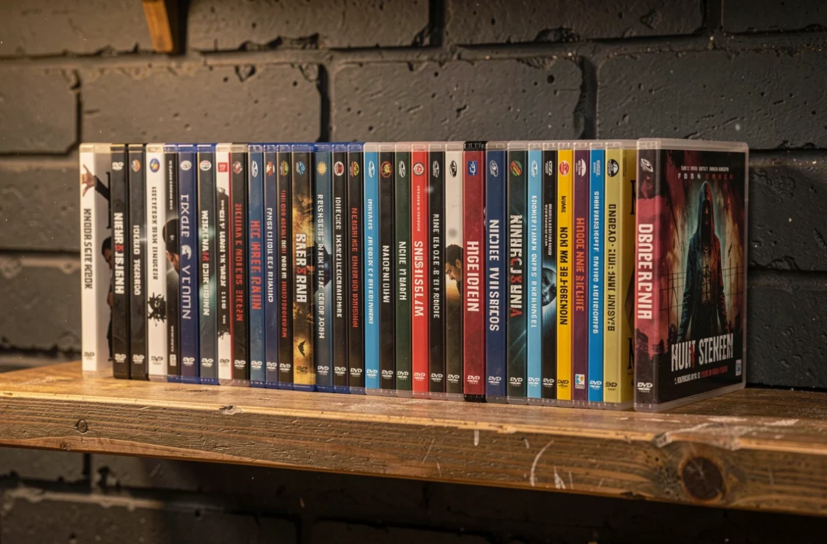 Collection de films de la saga Resident Evil rangés dans l'ordre chronologique sur une étagère en bois