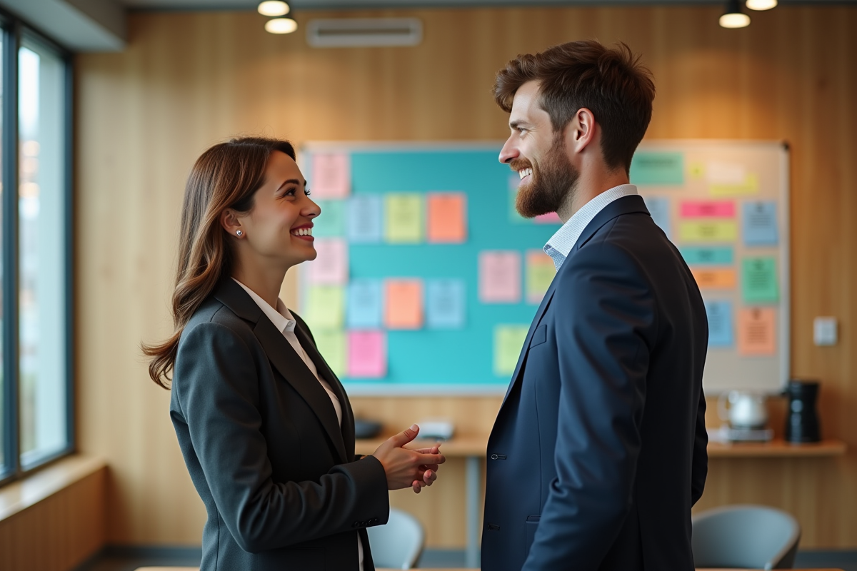 Deux collègues discutant devant un tableau d
