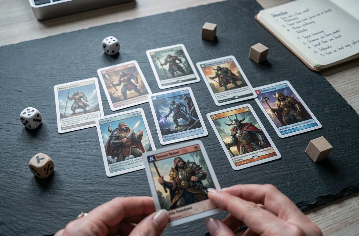 Vue aérienne d'une combinaison de cartes stratégiques disposées sur un tapis de jeu avec des dés et des jetons pour un tournoi