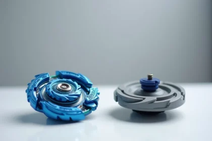 Comparaison côte à côte d'un Beyblade officiel et d'un Bley blade générique sur fond blanc, montrant les différences de finition et de design