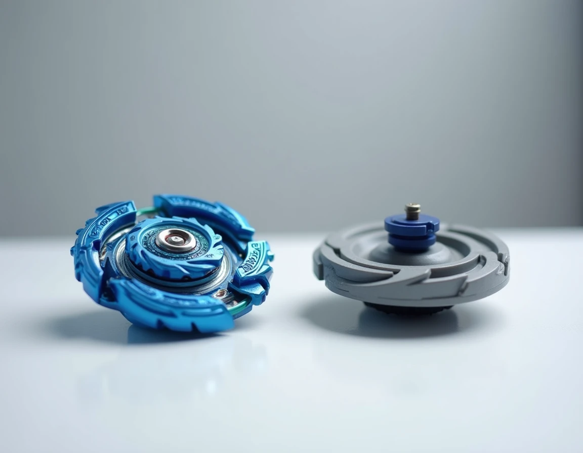 Comparaison côte à côte d'un Beyblade officiel et d'un Bley blade générique sur fond blanc, montrant les différences de finition et de design