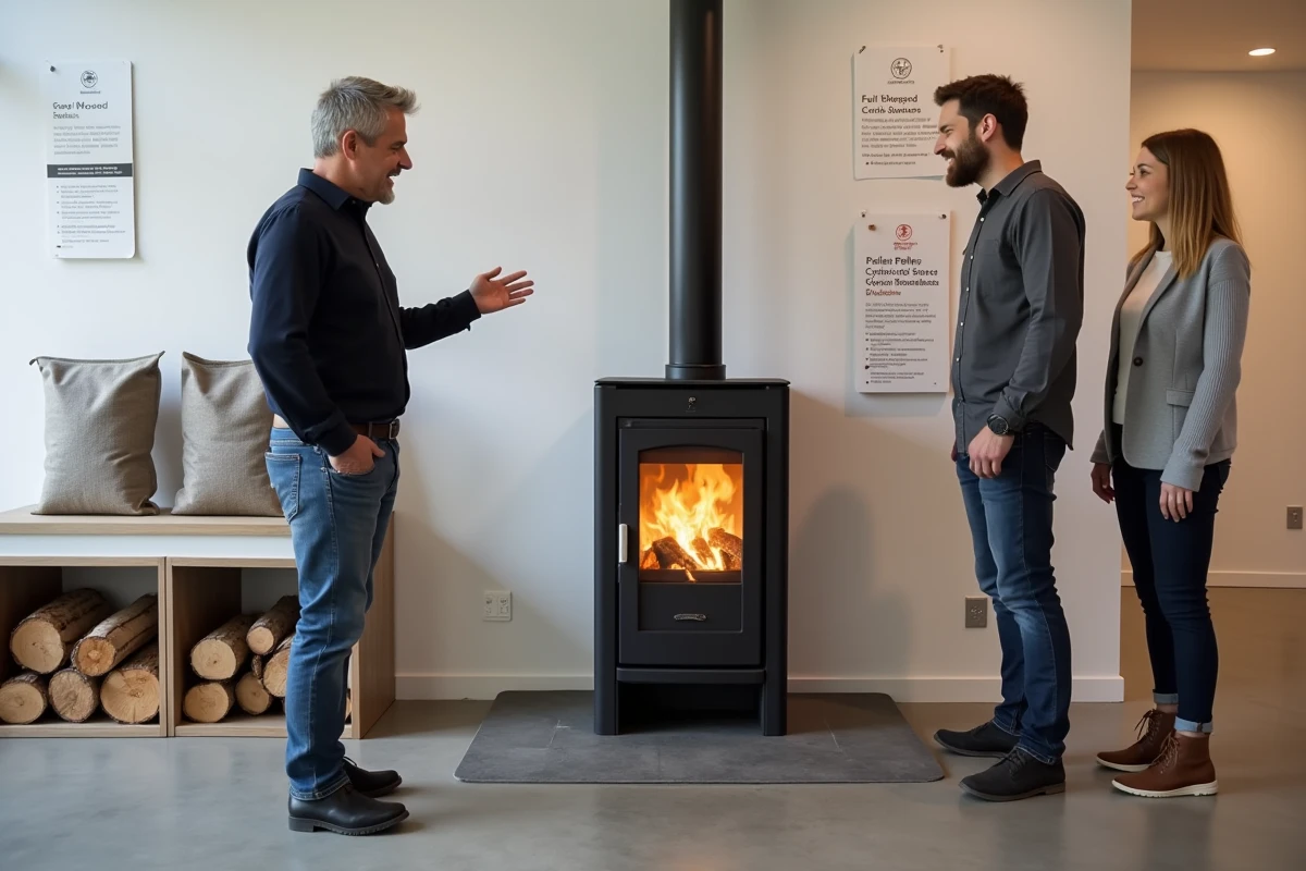 Vendeur présentant un poêle à granulés et un poêle à bois côte à côte dans un showroom de chauffage contemporain
