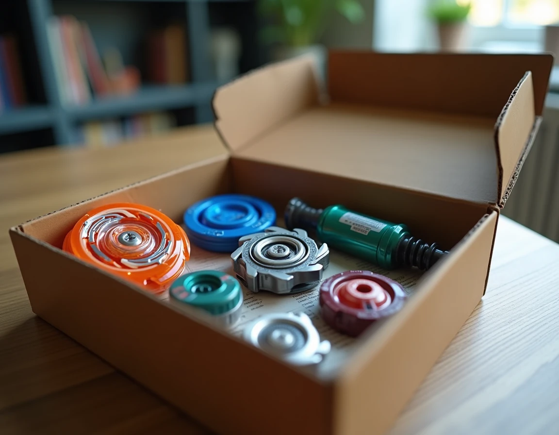 Composants Beyblade et Bley blade sortis de leur boîte sur un bureau, incluant différents lanceurs et pièces pour illustrer leur compatibilité et leurs différences