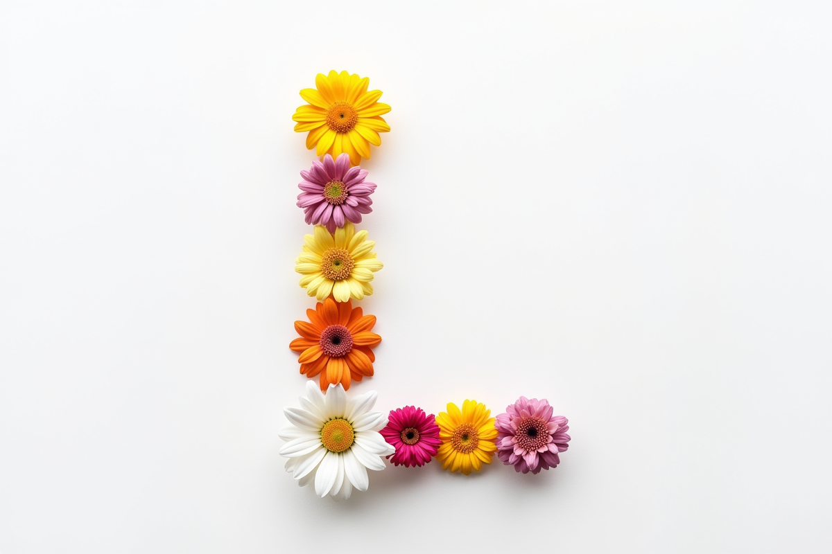 Disposition de fleurs formant la lettre L sur fond blanc