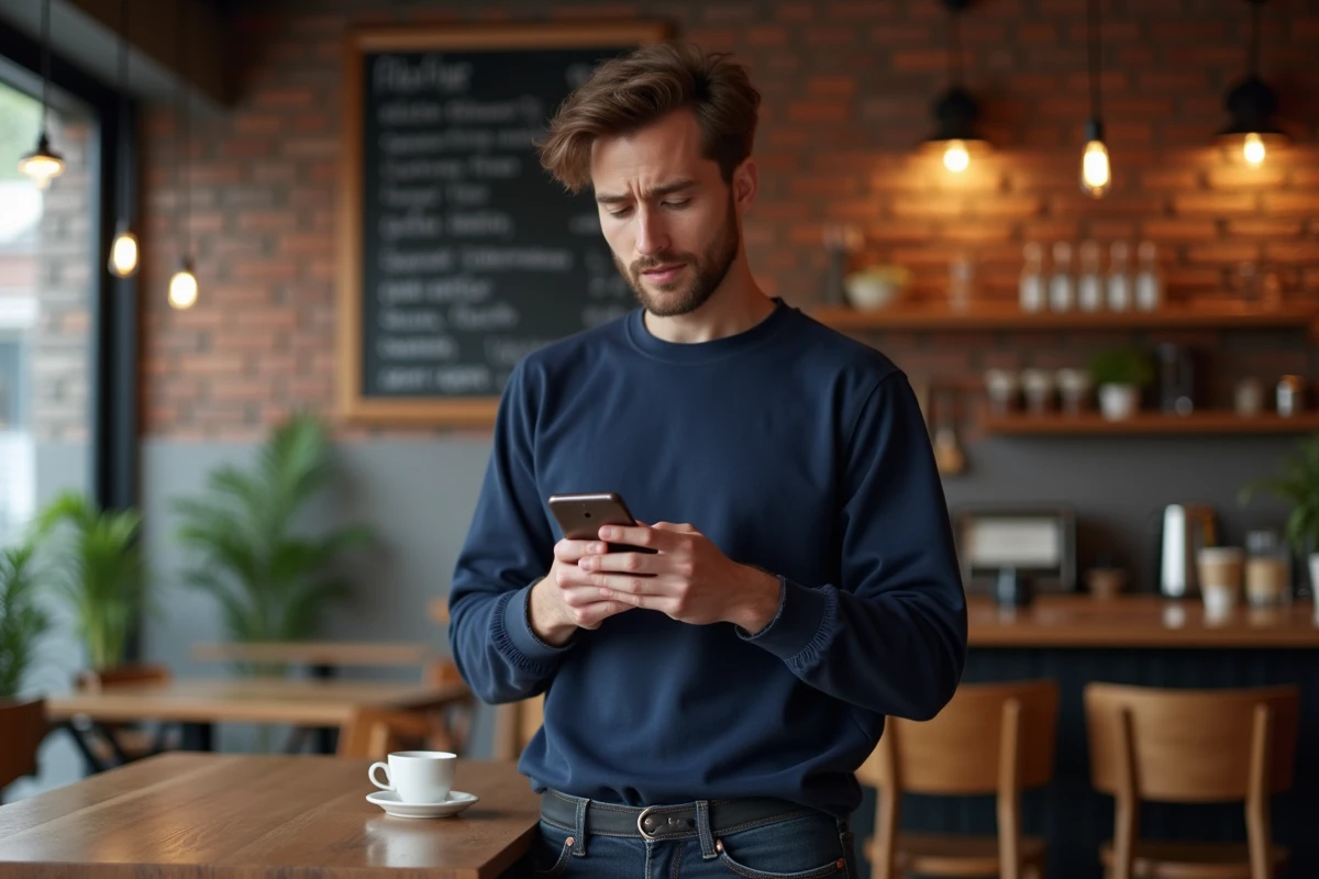 Homme dans un café consultant son smartphone avec une expression perplexe, illustrant la confusion orthographique entre attends et attend sur les réseaux sociaux