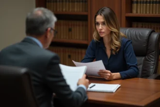 Femme consultant un avocat dans un cabinet juridique au sujet d'une mesure d'éloignement non respectée
