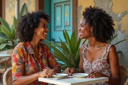 Deux femmes antillaises et réunionnaises en conversation animée dans un café tropical, illustrant les différences culturelles créoles entre les îles