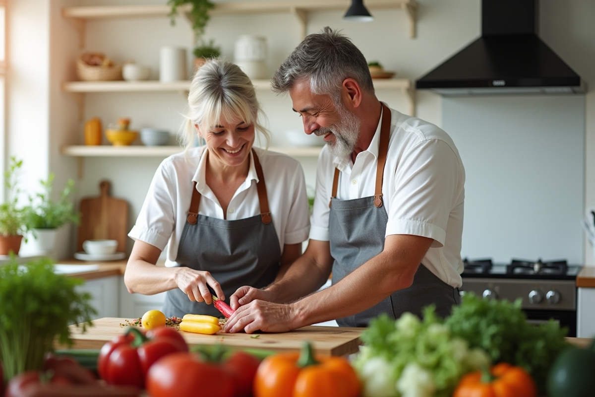 Couple cuisine ensemble dans une cuisine moderne