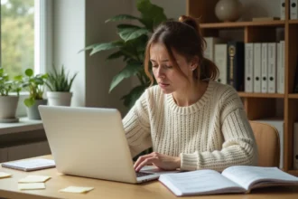 Jeune femme corrigeant des fautes d'orthographe sur son ordinateur portable, entourée de notes manuscrites sur un bureau en bois