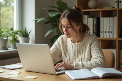 Jeune femme corrigeant des fautes d'orthographe sur son ordinateur portable, entourée de notes manuscrites sur un bureau en bois