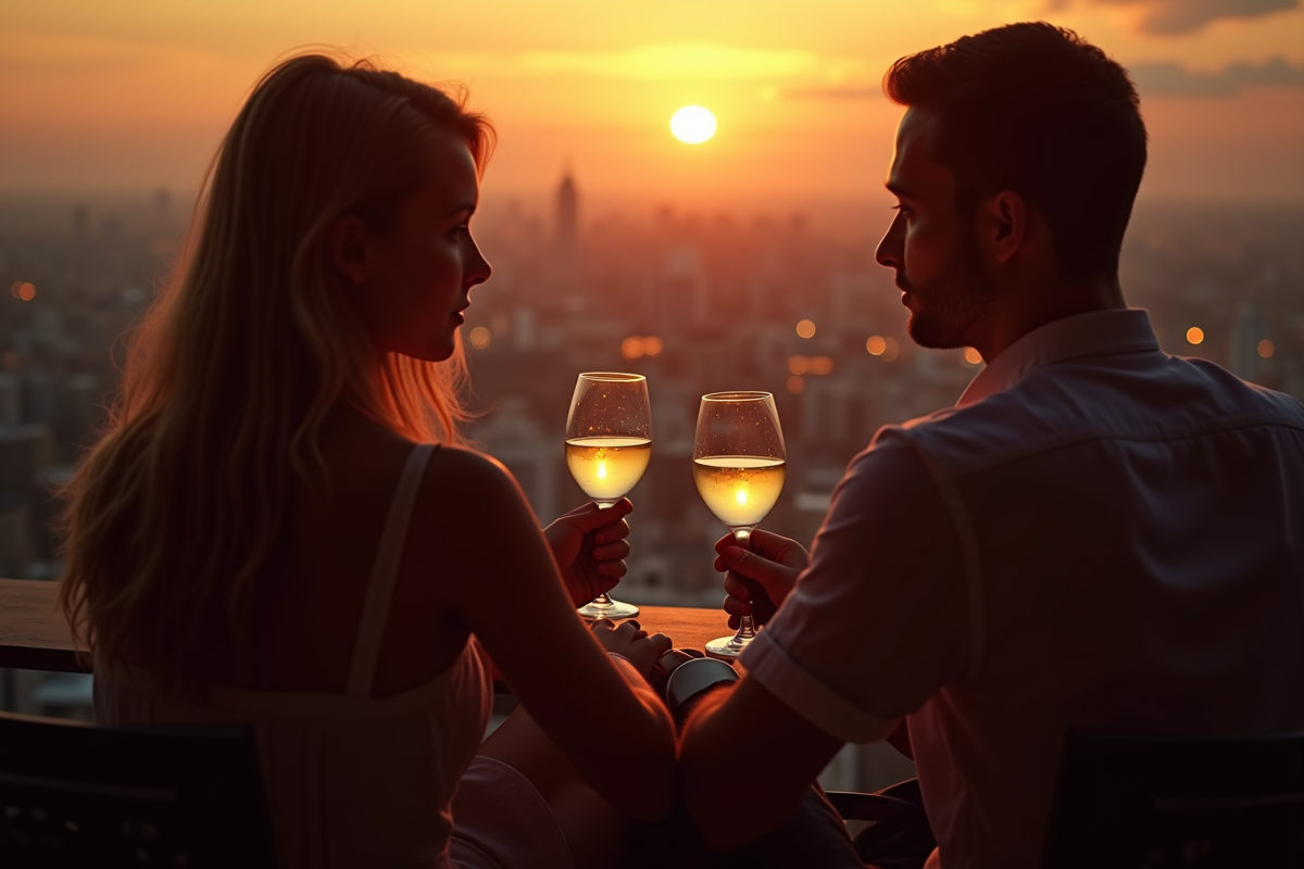 Deux personnes sur un balcon au coucher de soleil avec verres de vin