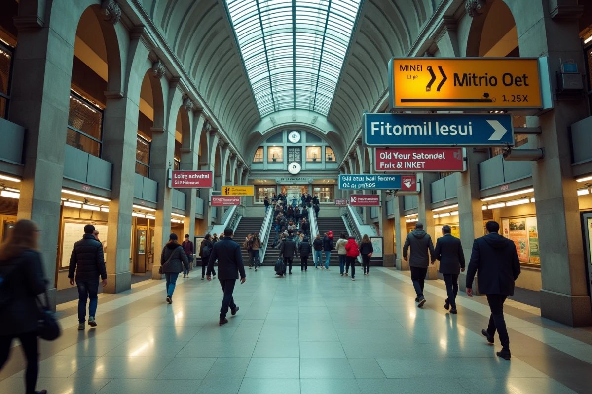 Vue large d'un grand carrefour du métro parisien avec la signalétique des nouvelles lignes et extensions prévues en 2026