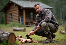 Homme d'âge moyen coupe du bois dans la forêt