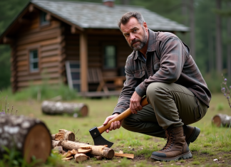 Vivre hors réseau : astuces et conseils pour une vie autonome en pleine nature Homme d'âge moyen coupe du bois dans la forêt