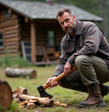 Homme d'âge moyen coupe du bois dans la forêt