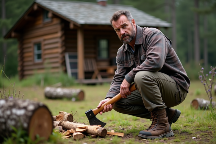 coup-de-pied-de-bois Homme d'âge moyen coupe du bois dans la forêt