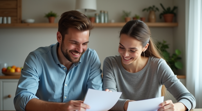 Couple en cuisine triant des factures à la maison