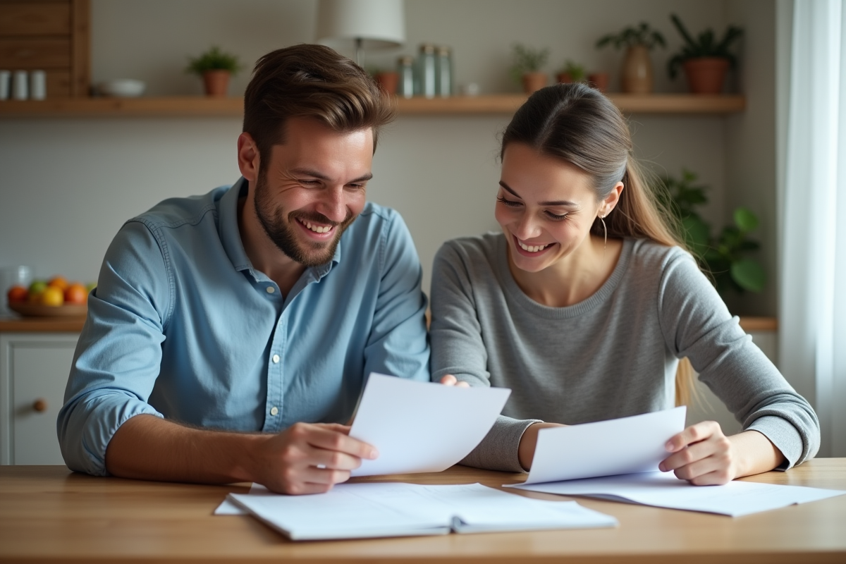 Couple en cuisine triant des factures à la maison