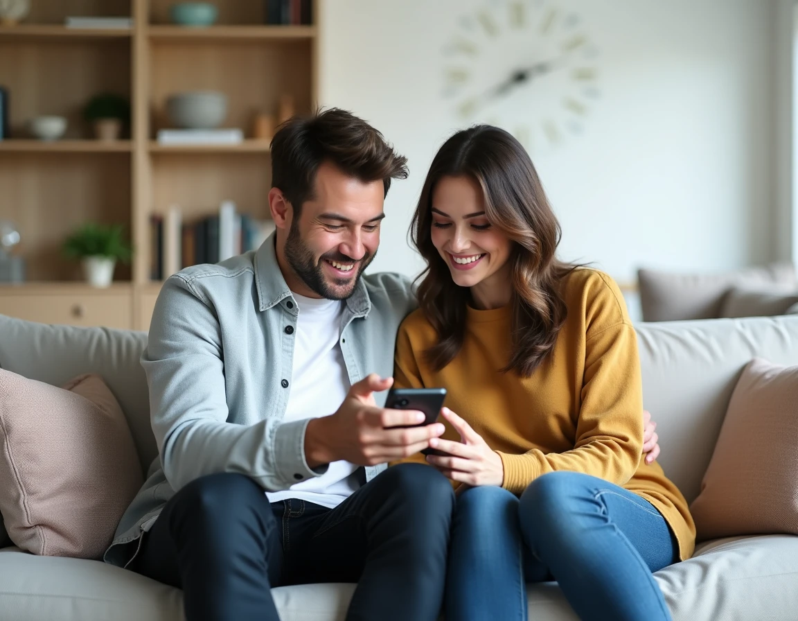 Couple comparant les options du forfait Lycamobile 30 euros sur smartphone dans un salon moderne