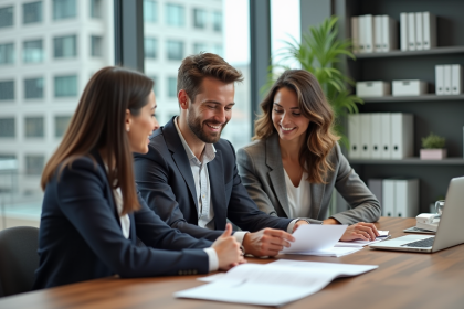 Couple souriant en banque examinant des documents de prêt immobilier