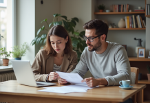 Coût hypothèque : combien cela coûte-t-il réellement en France ? Couple dans un appartement parisien examine des documents