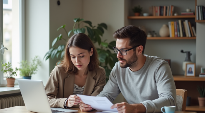 Couple dans un appartement parisien examine des documents