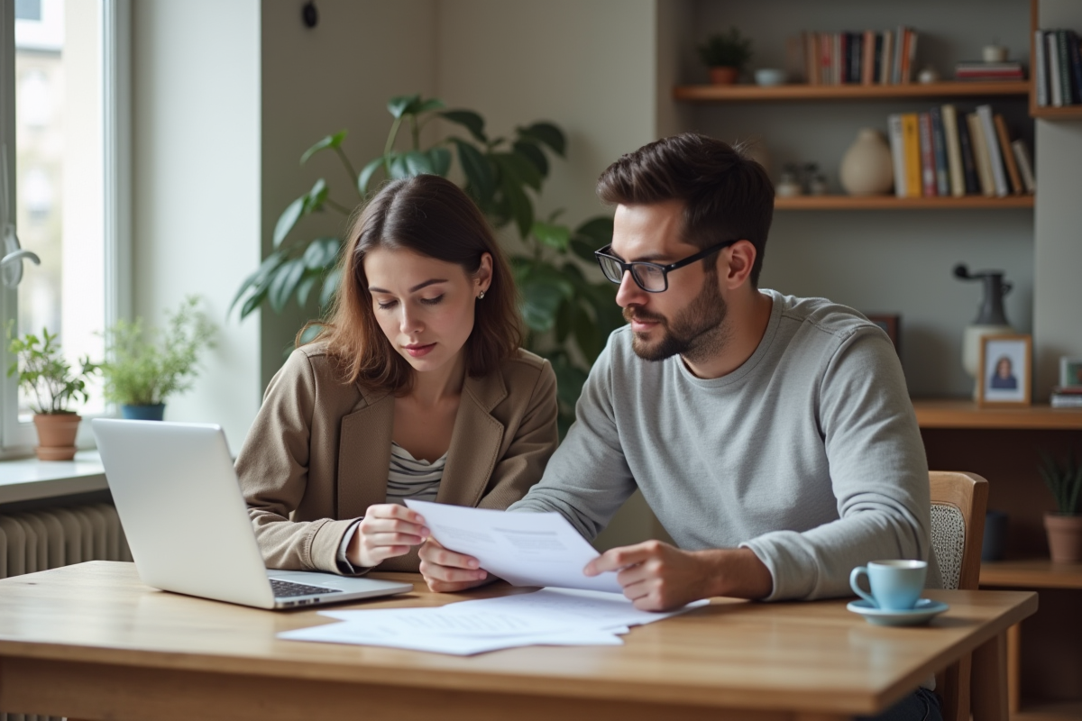 Couple dans un appartement parisien examine des documents