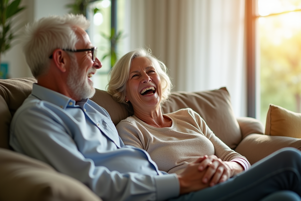 Couple d'âge moyen riant dans un salon lumineux