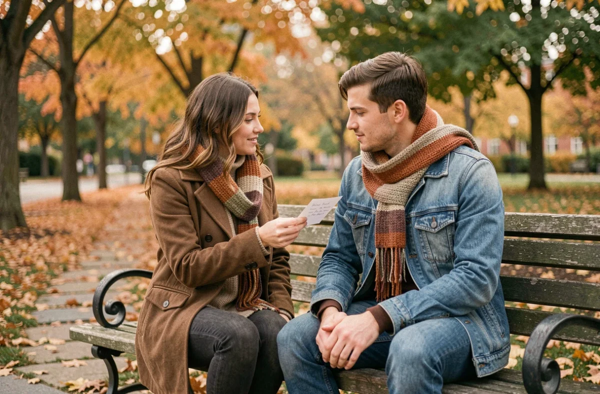 Couple timide échangeant un petit mot d'amour sur un banc de parc en automne dans une atmosphère douce et romantique