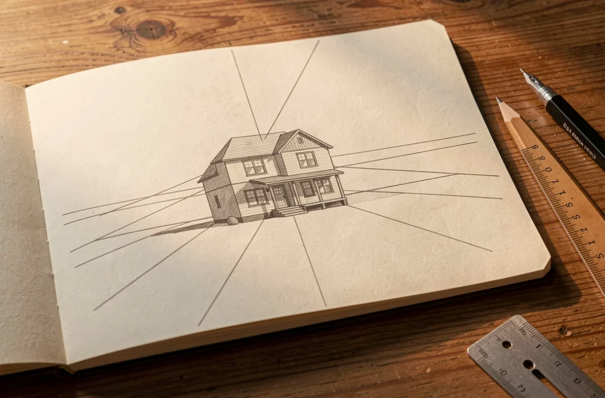 Croquis d'une maison en perspective avec lignes de fuite au crayon
