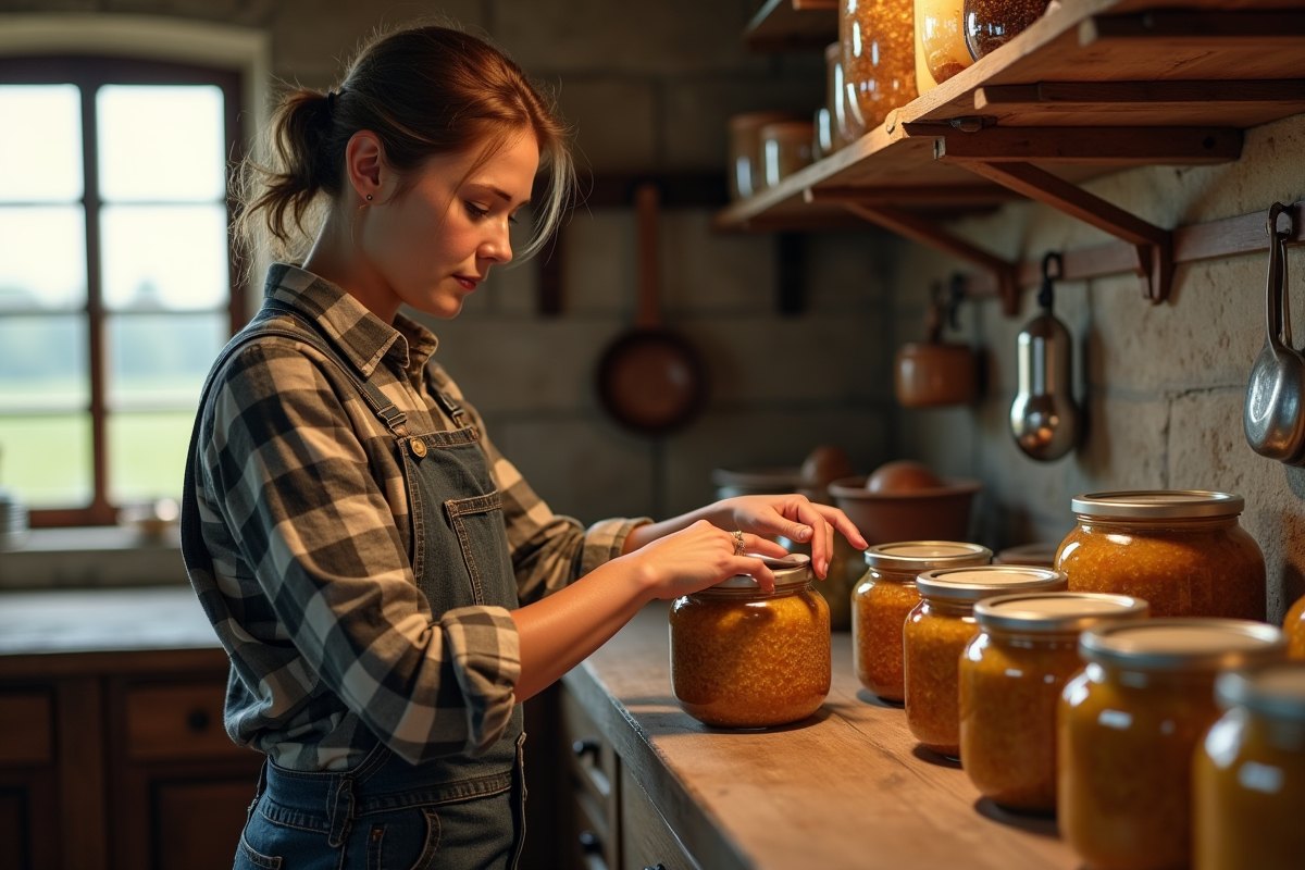 Jeune femme préparant des bocaux de foie gras dans une cuisine