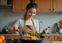 Femme en cuisine préparant un stirfry coloré avec un tablier