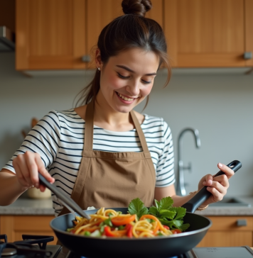 Pourquoi choisir une poêle Pradel pour vos recettes du quotidien ? Femme en cuisine préparant un stirfry coloré avec un tablier