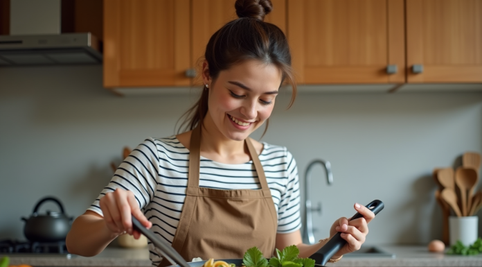 Femme en cuisine préparant un stirfry coloré avec un tablier