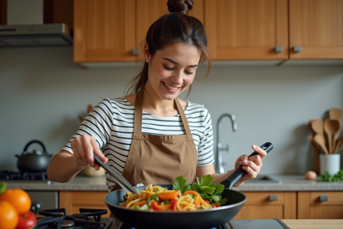 Femme en cuisine préparant un stirfry coloré avec un tablier