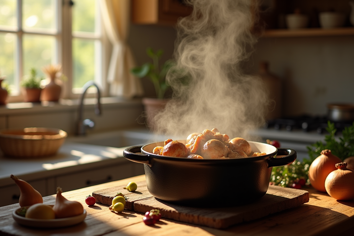 Cuisine française avec ragoût de lapin et prunes en cuisson
