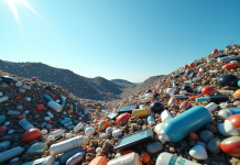 Décharge d'équipements électroniques et plastiques sous un ciel bleu
