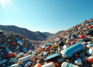 Économie linéaire: l’opposé de l’économie circulaire? Décharge d'équipements électroniques et plastiques sous un ciel bleu
