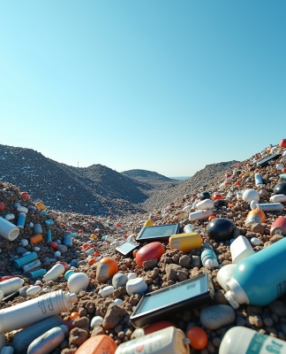 Décharge d'équipements électroniques et plastiques sous un ciel bleu