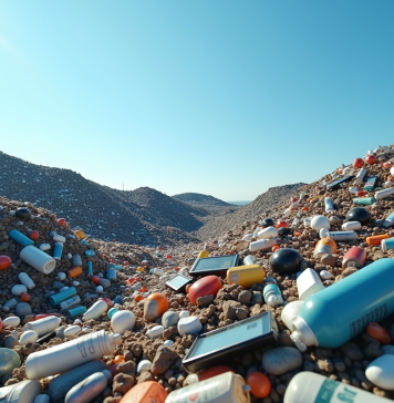 Décharge d'équipements électroniques et plastiques sous un ciel bleu