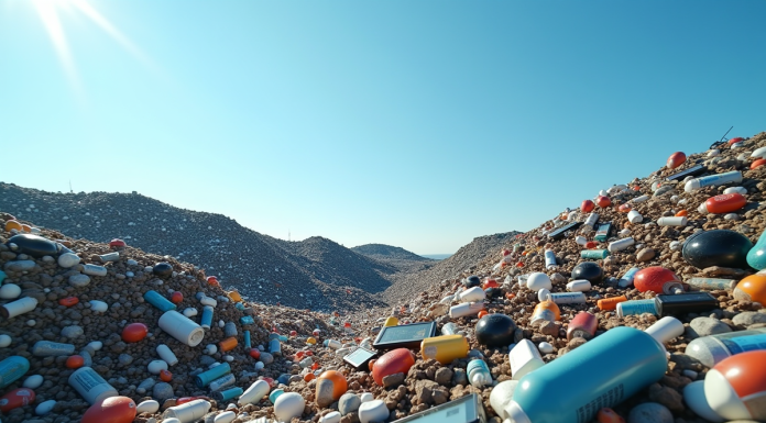 Décharge d'équipements électroniques et plastiques sous un ciel bleu