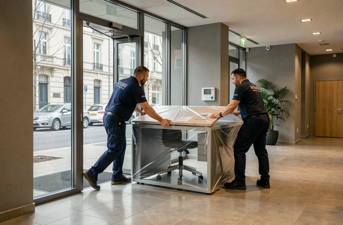Déménageurs Demeco Varillon transportant du mobilier de bureau dans un immeuble commercial à Rouen